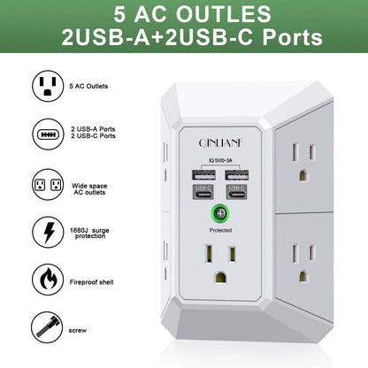 Surge Protector, QINLIANF 5 Outlet Extender with 4 USB Ports(2USB-C)