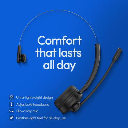 PHILIPS Wireless Headset with Mic for Work, Mono Bluetooth Trucker Headset with AI Noise Cancelling Microphone & Mute Button, All Day Extended Talk Time, Headphones for Office Call Center Computer PC