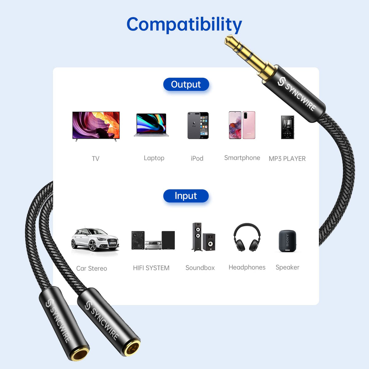 SYNCWIRE Headphone Splitter, 3.5mm Male to 2 Female Y Cable, Gold