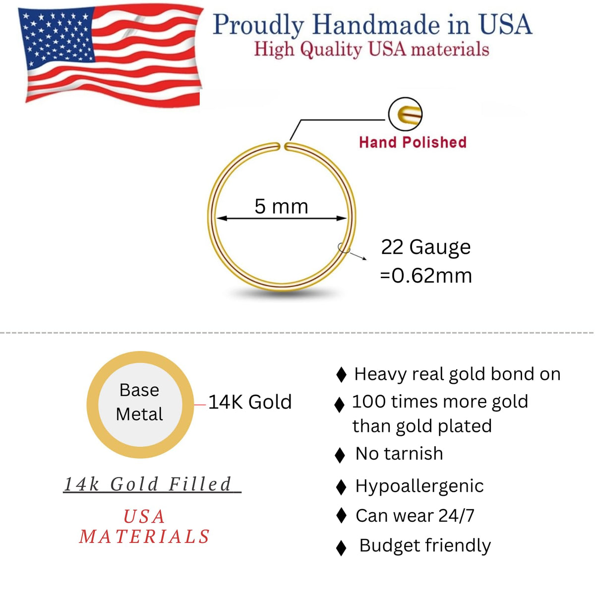 Small Thin Gold or Sterling Silver Nose Ring Hoop for Women, 20G/22G/24G