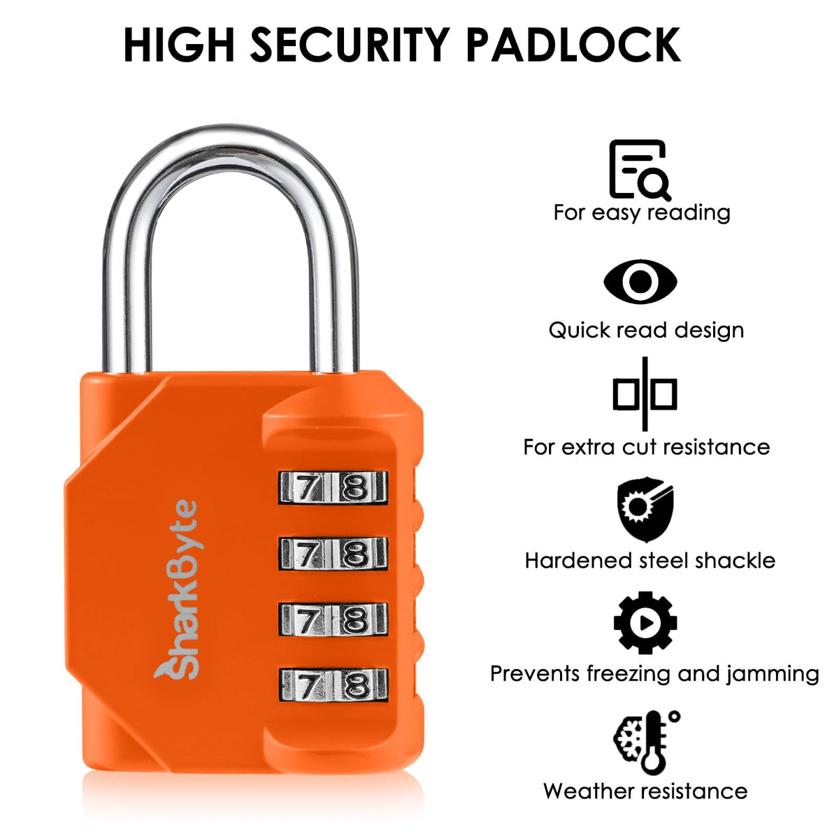 SharkByte Heavy Duty Combination Padlock – 4-Digit Weatherproof Outdoor Lock with Stainless Steel Shackle, Anti-Rust Resettable Code for Gym, School, Locker, Shed, Toolbox, Gate & Warehouse - Purple
