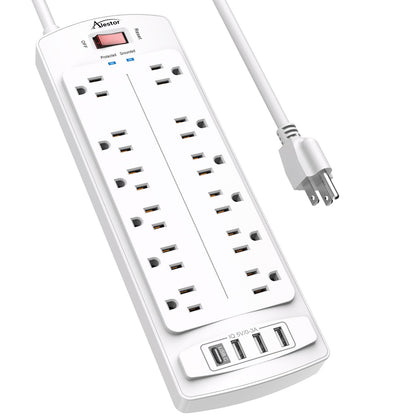 ALESTOR 10 Ft Surge Protector Power Strip with 12 Outlets and 4 USB Ports