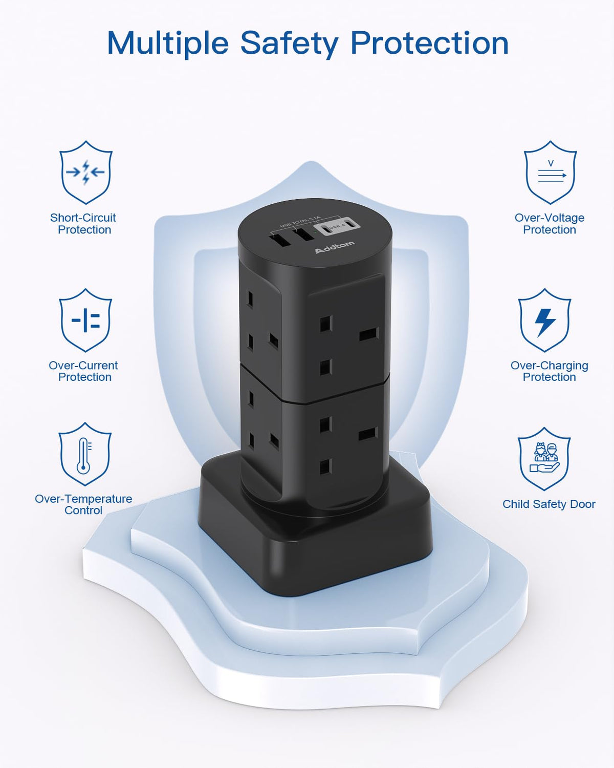 Tower Extension Lead with USB Slots, 8 Way Multi Plug Extension Tower &4USB