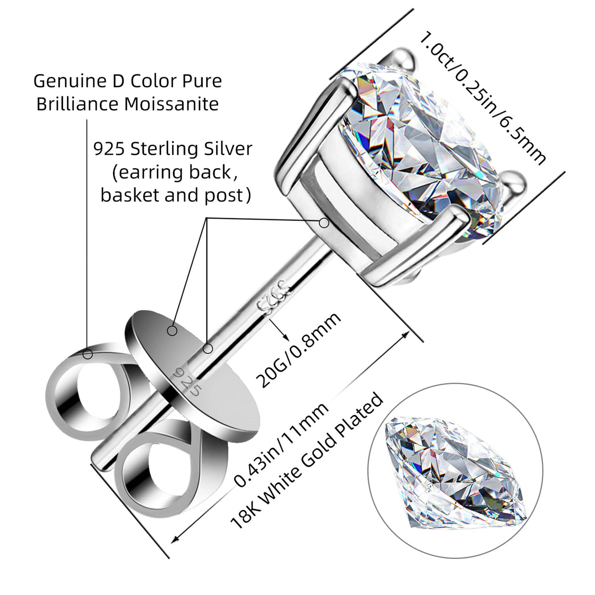 Moissanite Stud Earrings GRA 925 Sterling Silver Earrings for Men