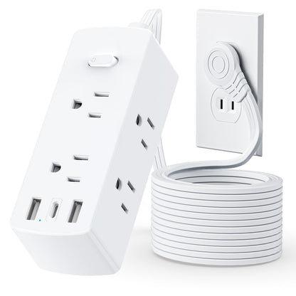 Flat Plug Power Strip with 10 FT Extension Cord, 6 Outlets 3 USB Ports(1 USB C), 3 Sided Outlet Extender for Home Office Travel Dorm Room Essentials, White