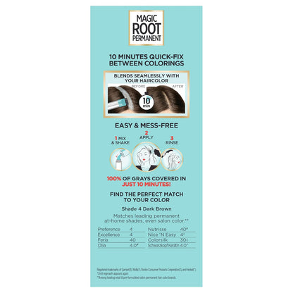 L'Oreal Paris Magic Root Permanent Hair Color Kit, 100% Gray Hair Coverage In Just 10 Minutes, Precision Brush Applicator for Seamless Application, 4 Dark Brown (1 Count)
