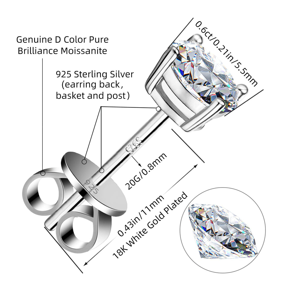 Moissanite Stud Earrings GRA 925 Sterling Silver Earrings for Men