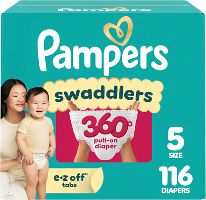 Pampers Diapers - Swaddlers 360° - Size 5, 116 Count, up to 100% Leakproof Comfy Dry Fit, Designed for Easy Changes, Pull On Baby Diaper