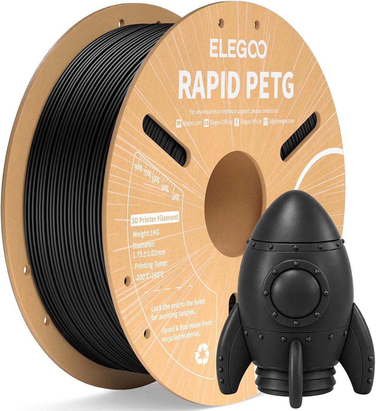 ELEGOO Rapid PETG 3D Printer Filament 1.75mm Black 1KG