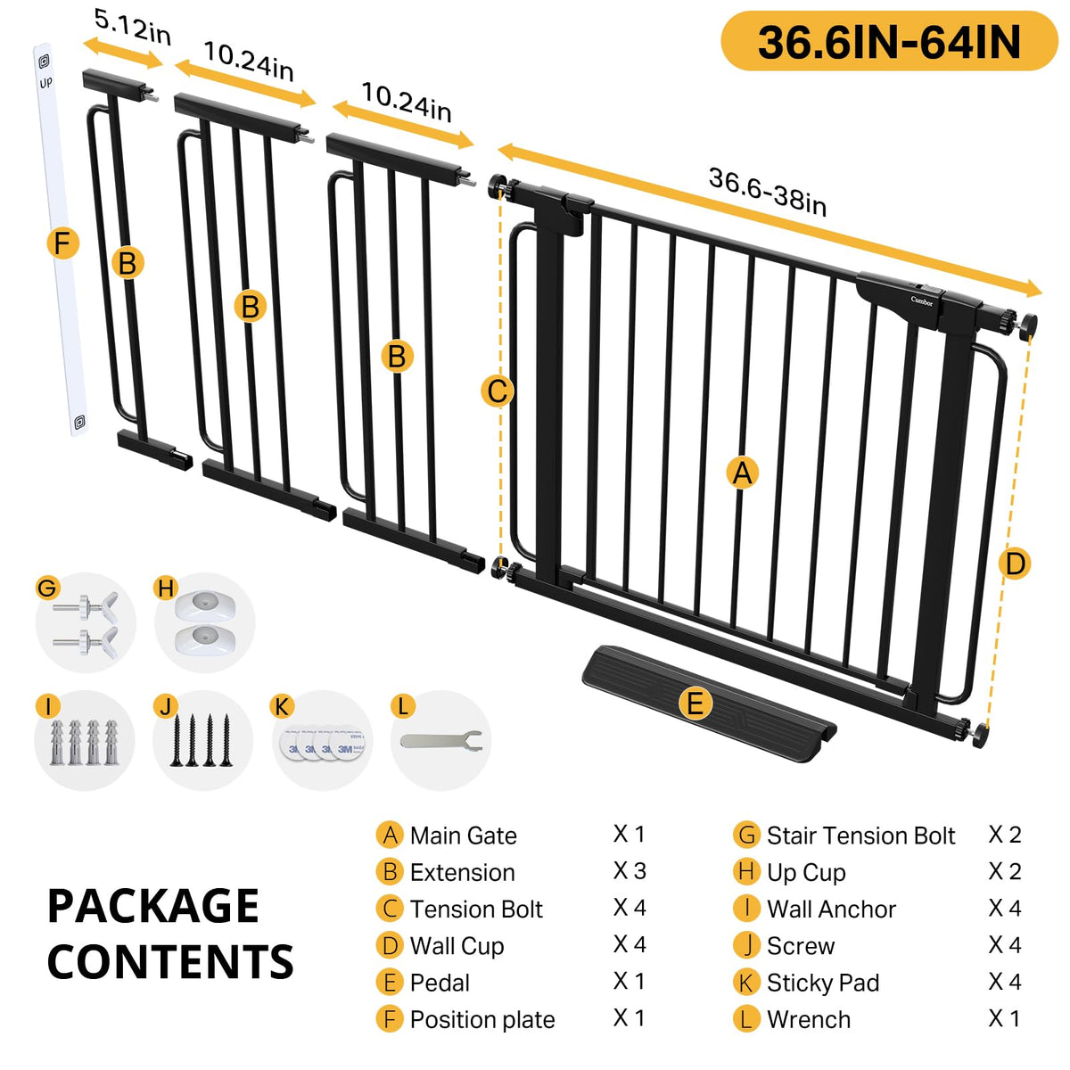 Cumbor 29.7-51.5 in Extra Wide Baby Gate for Stairs, Dog Gate Indoor Black