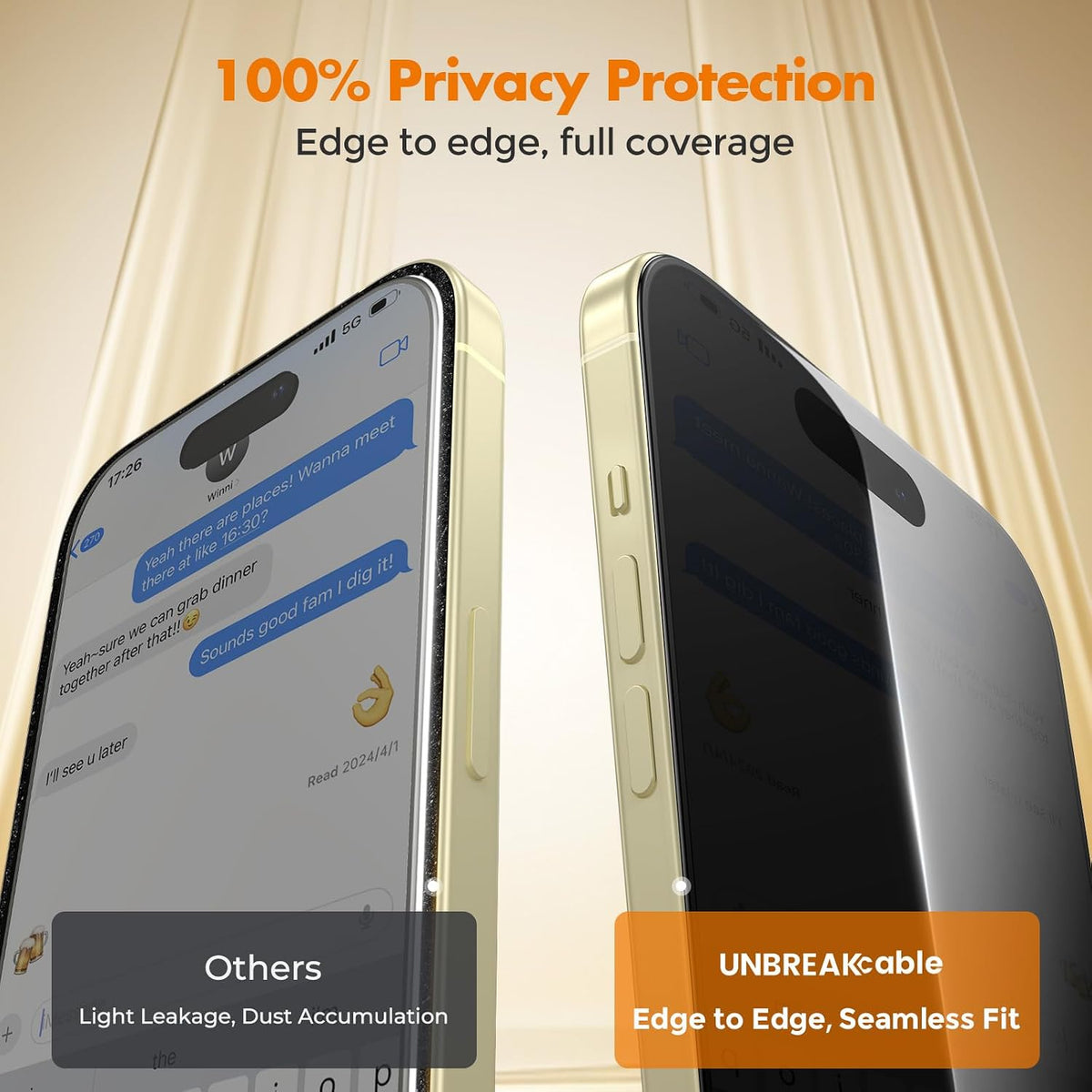 UNBREAKcable Privacy Screen Protector for iPhone 15, Full Coverage