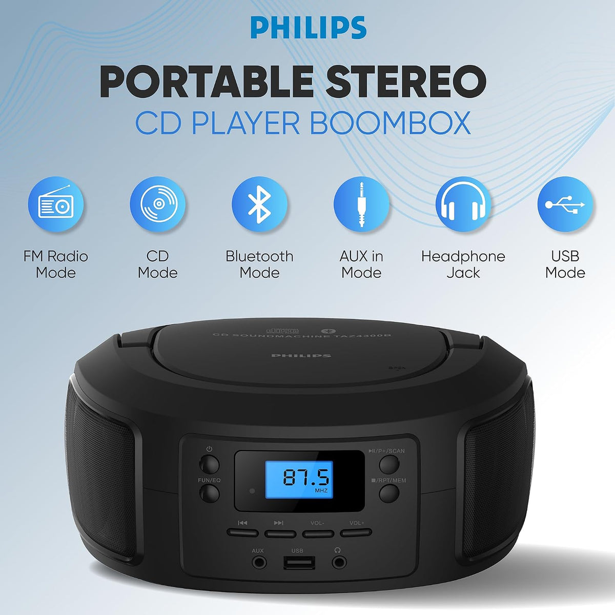 Philips CD Player Portable with Bluetooth, Crystal Clear Sound Top Loading CD Boombox with FM Radio, USB Port & Aux Input, Compact & Lightweight Design,R/CD-RW/MP3 Compatible (Black)