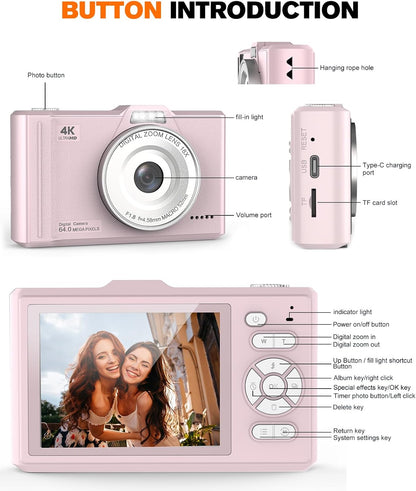 Digital Camera 4K 64MP Portable Vlogging Camera with 32GB SD Card