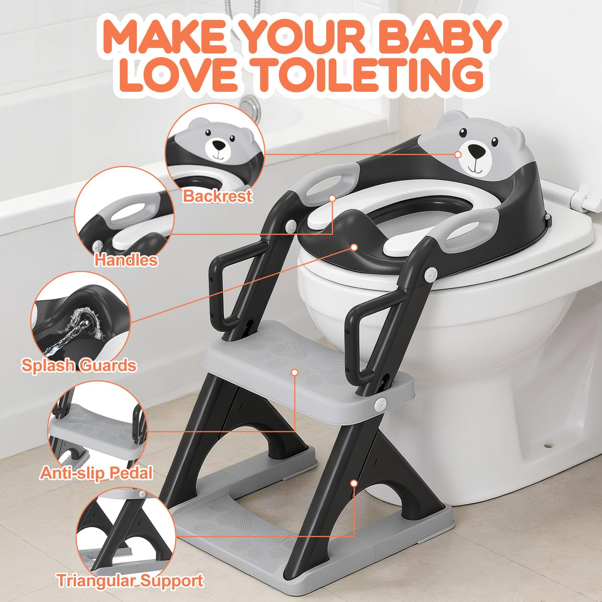 Potty Training Toilet for Toddlers, 2-in-1 Potty Training seat, Anti-Slip (Chocolate, Bear)