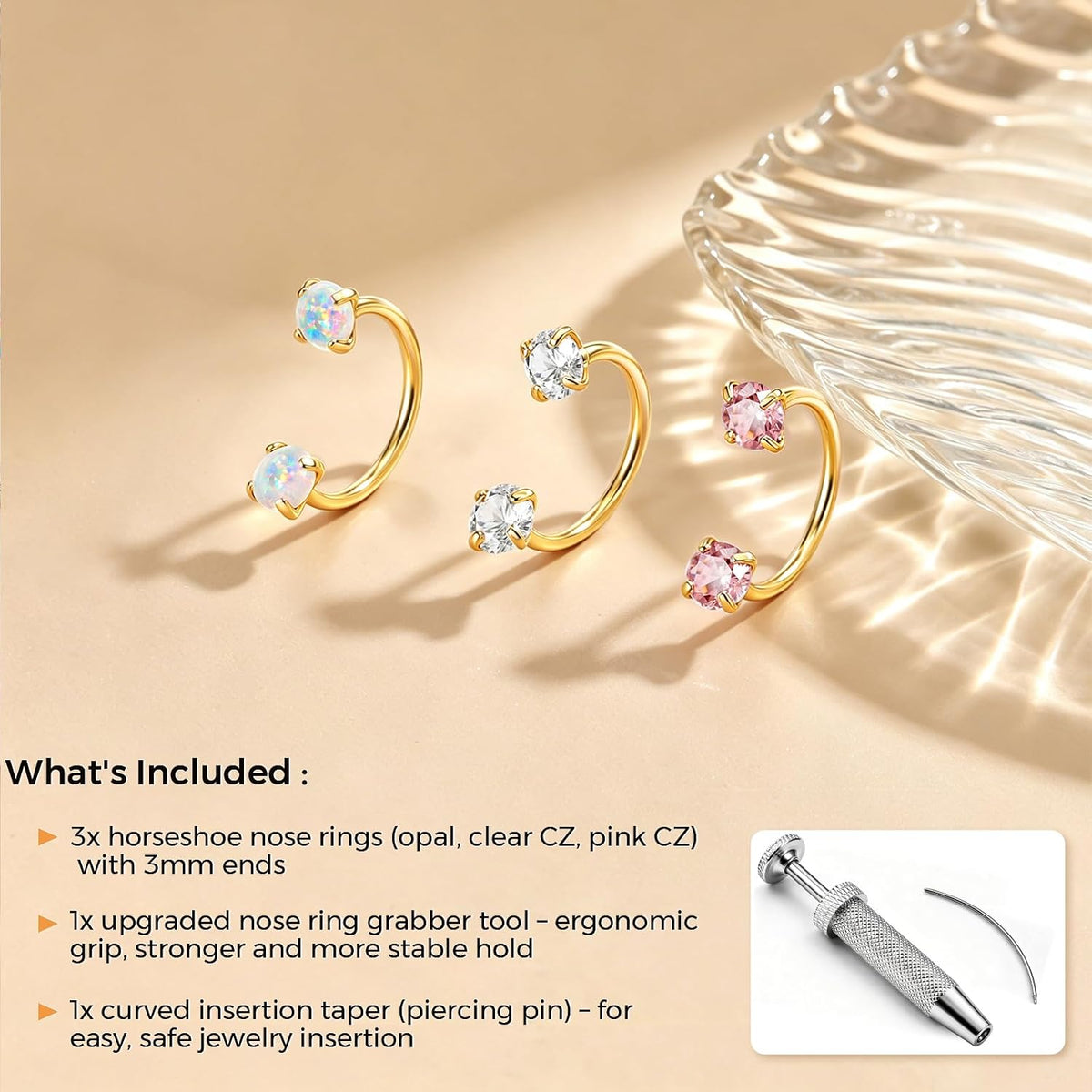 Horseshoe Nose Ring 20g 18g Gold Silver Opal CZ Double Gem Nose Rings Studs for Women Men 7mm 8mm Hypoallergenic Hoop Earrings Cartilage Helix Tragus Nostril Septum Daith Piercing Jewelry