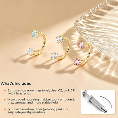 Horseshoe Nose Ring 20g 18g Gold Silver Opal CZ Double Gem Nose Rings Studs for Women Men 7mm 8mm Hypoallergenic Hoop Earrings Cartilage Helix Tragus Nostril Septum Daith Piercing Jewelry