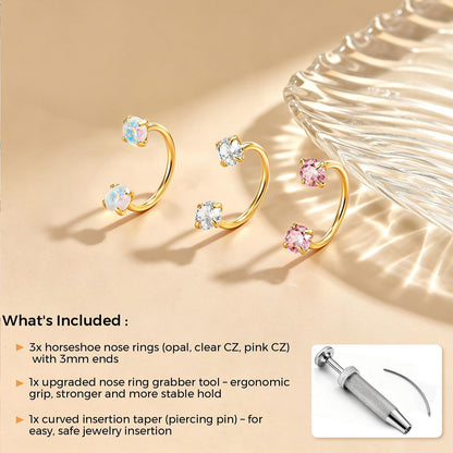 Horseshoe Nose Ring 20g 18g Gold Silver Opal CZ Double Gem Nose Rings Studs for Women Men 7mm 8mm Hypoallergenic Hoop Earrings Cartilage Helix Tragus Nostril Septum Daith Piercing Jewelry