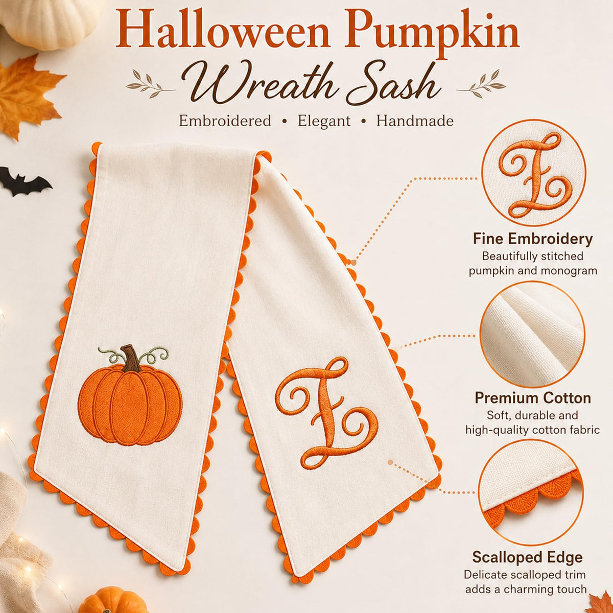Halloween Pumpkin Wreath Sash Fall Front Door Orange Bow Decor (Y)