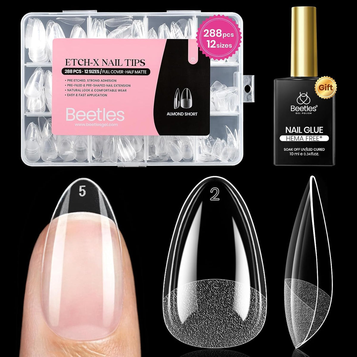 Beetles Soft Gel Nail Kit Almond Short 288pcs 12 Sizes Nail Tips with Glue