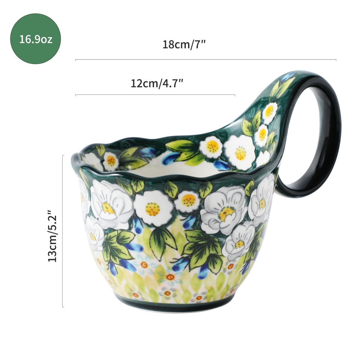 ALMA Handpainted Soup Bowl with Large Loop Handle,Easier Secure Grip
