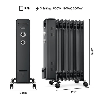 VonHaus Oil Filled Radiator 11 Fins – 2500W, 3 Heat Settings, 24 Hour Timer
