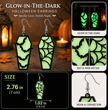 Glow in the Dark Halloween Earrings, Bat Ghost Coffin Boo Dangle Earrings