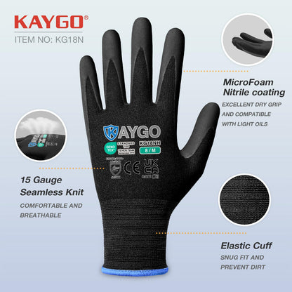 KAYGO Safety Work Gloves MicroFoam Nitrile Coated 12 Pairs, KG18NH