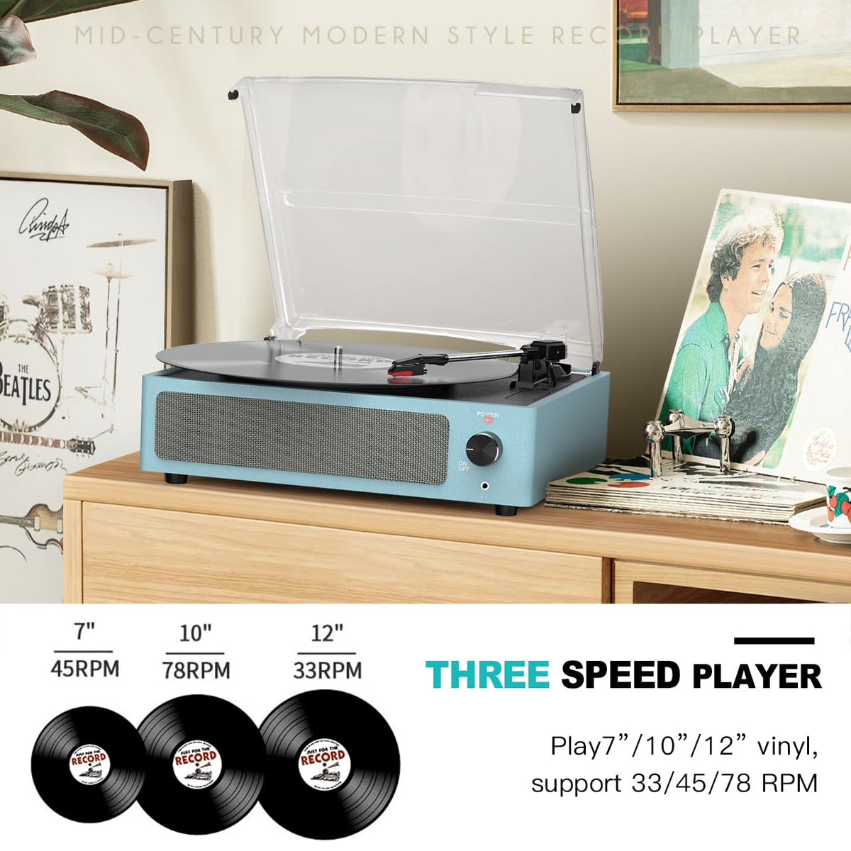 Seasonlife® Record Player for Vinyl Turntable with Speakers,Pale Purple