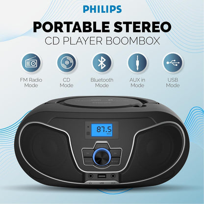 Philips CD Player Boombox, Dynamic Bass Boost with Bluetooth, FM Radio, USB Playback & AUX Input, Portable Top-Loading Boombox, Clear Stereo, RW/MP3 Compatible (Black)