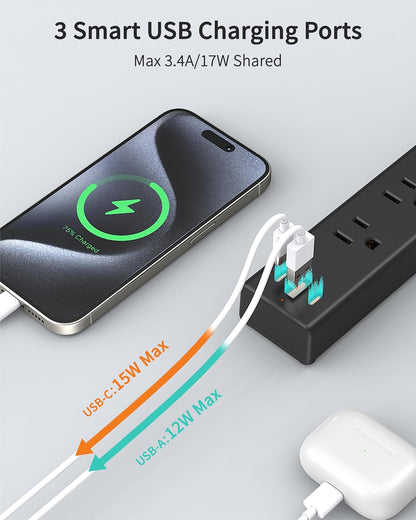 5 Outlets 2 Prong Power Strip with 3USB, 6FT Extension Cord for Old House