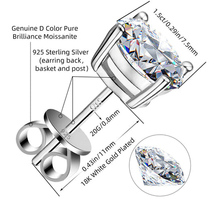 Moissanite Stud Earrings GRA 925 Sterling Silver Earrings for Men