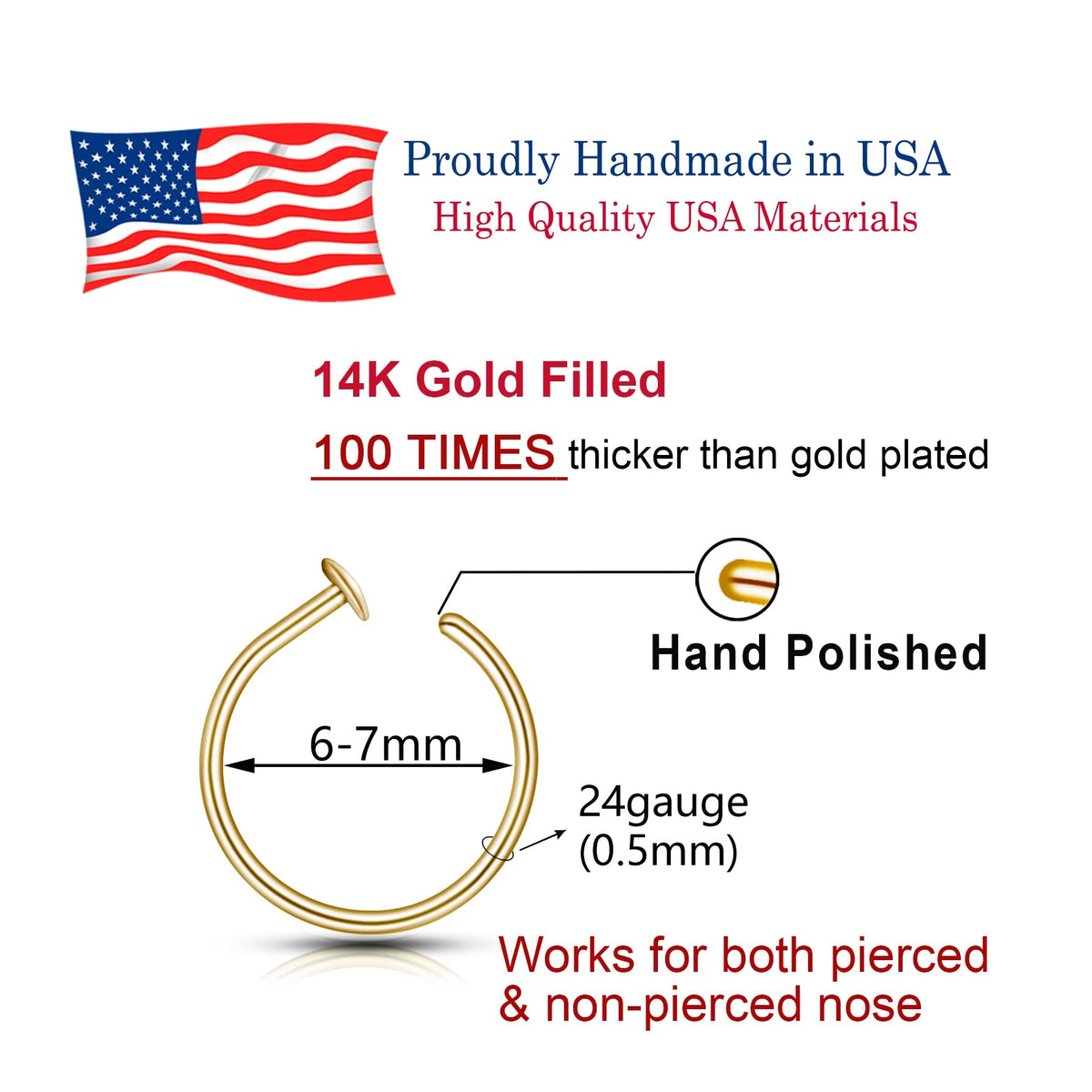 Small Thin Gold Nose Ring Hoop for Women, 20G/22G/24G, 5mm/6mm/7mm/8mm