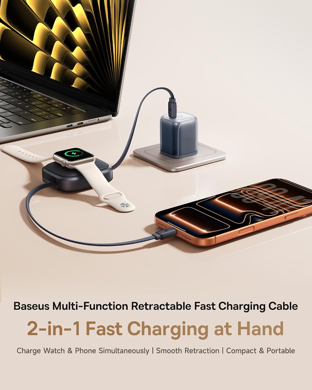 Baseus PD3.1 140W USB C Charger, PPS Fast Charger Type C, Fast Charging Block and Baseus Retractable USB C Cable for Apple Watch, 100W 5A Fast Charging Cable