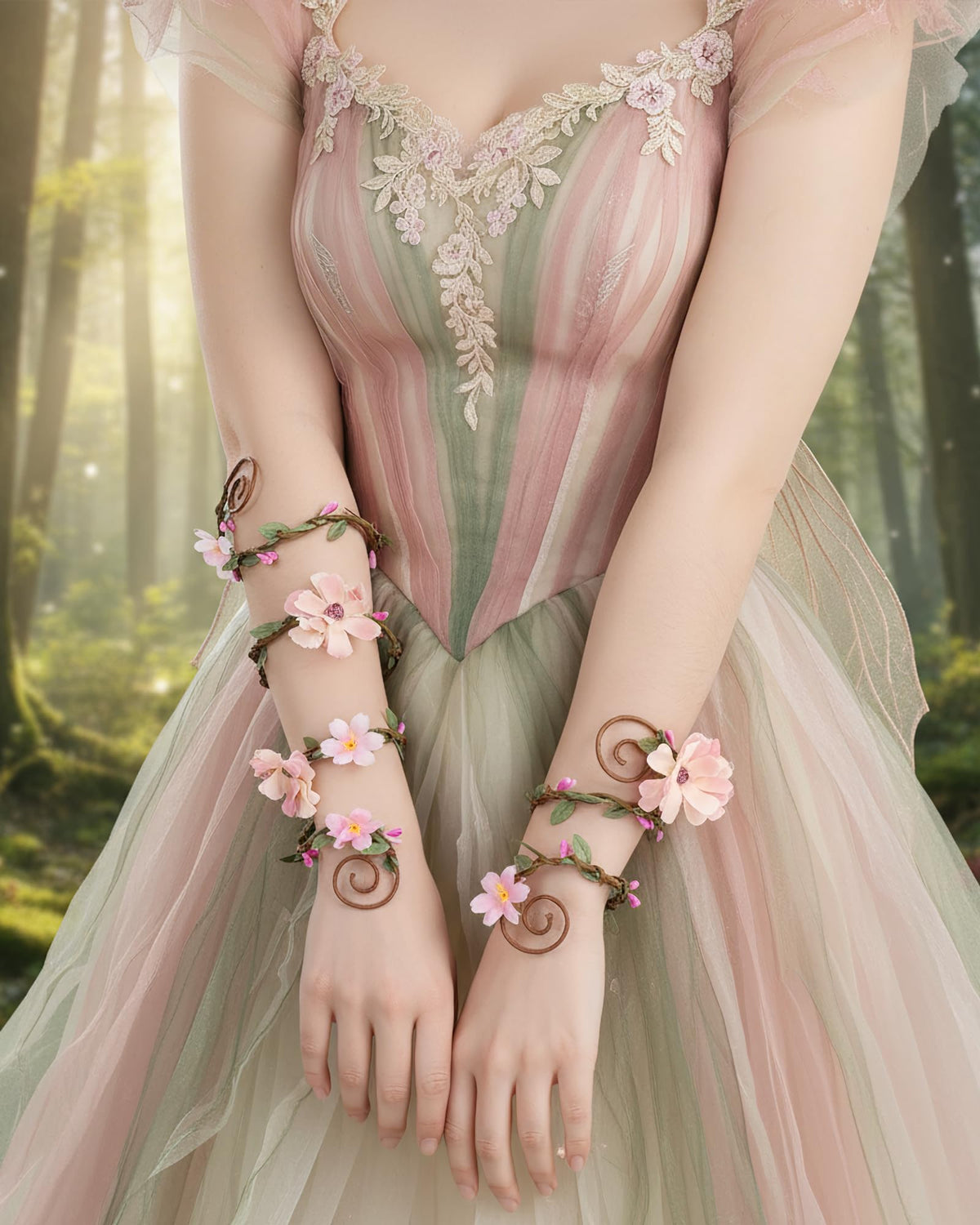 FRESHME Renaissance Costume Flower Arm Wraps - 2 Pcs Fairy Accessories Elf Bracelet with Wrap Ring Woodland Renfaire Outfit