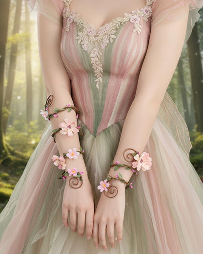 FRESHME Renaissance Costume Flower Arm Wraps - 2 Pcs Fairy Accessories Elf Bracelet with Wrap Ring Woodland Renfaire Outfit
