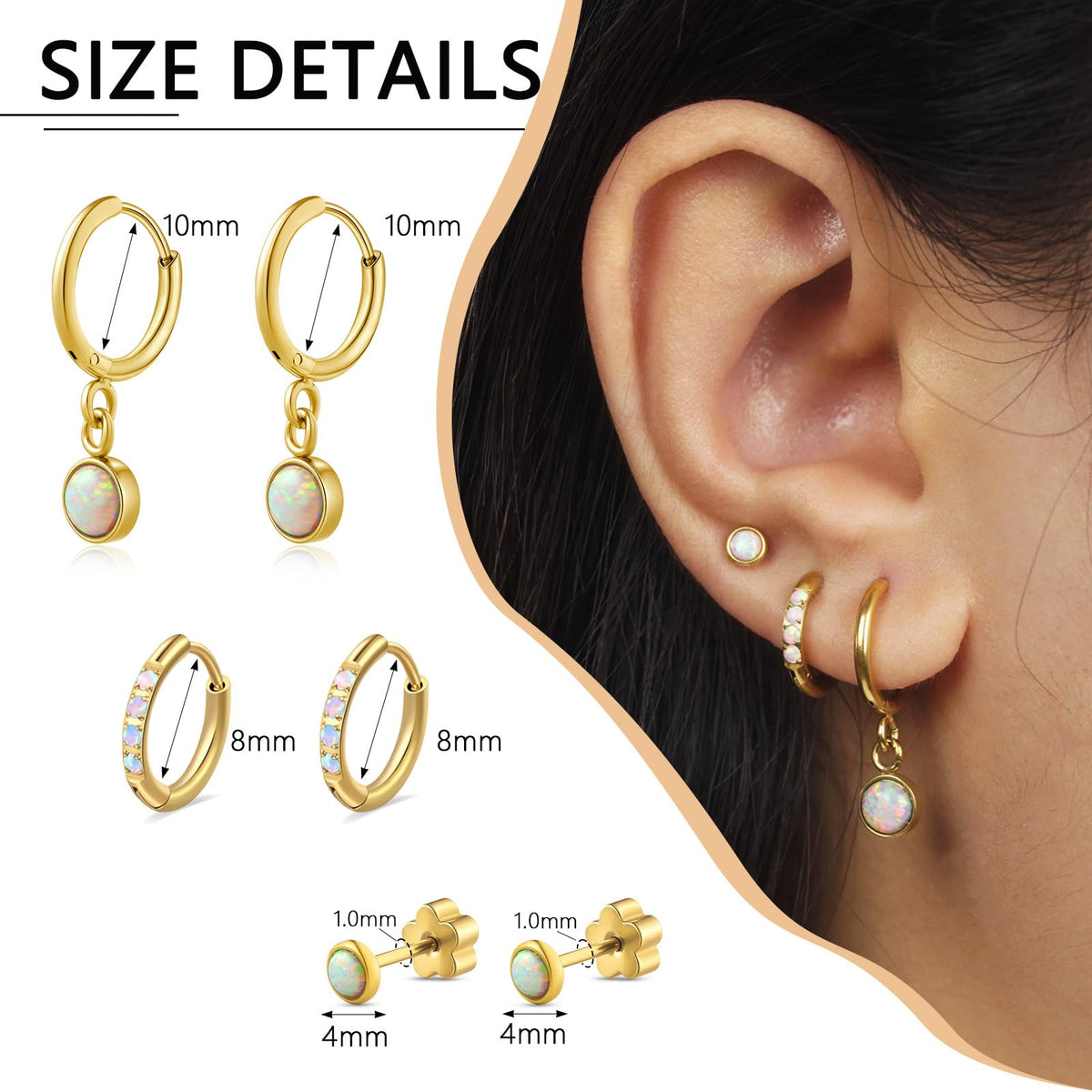 1Pair 316L Surgical Steel Opal Small Hoop Earrings for Women Hypoallergenic Medical Grade Lightweight For Cartilage Helix Daith Tragus Lobe Piercing Jewelry