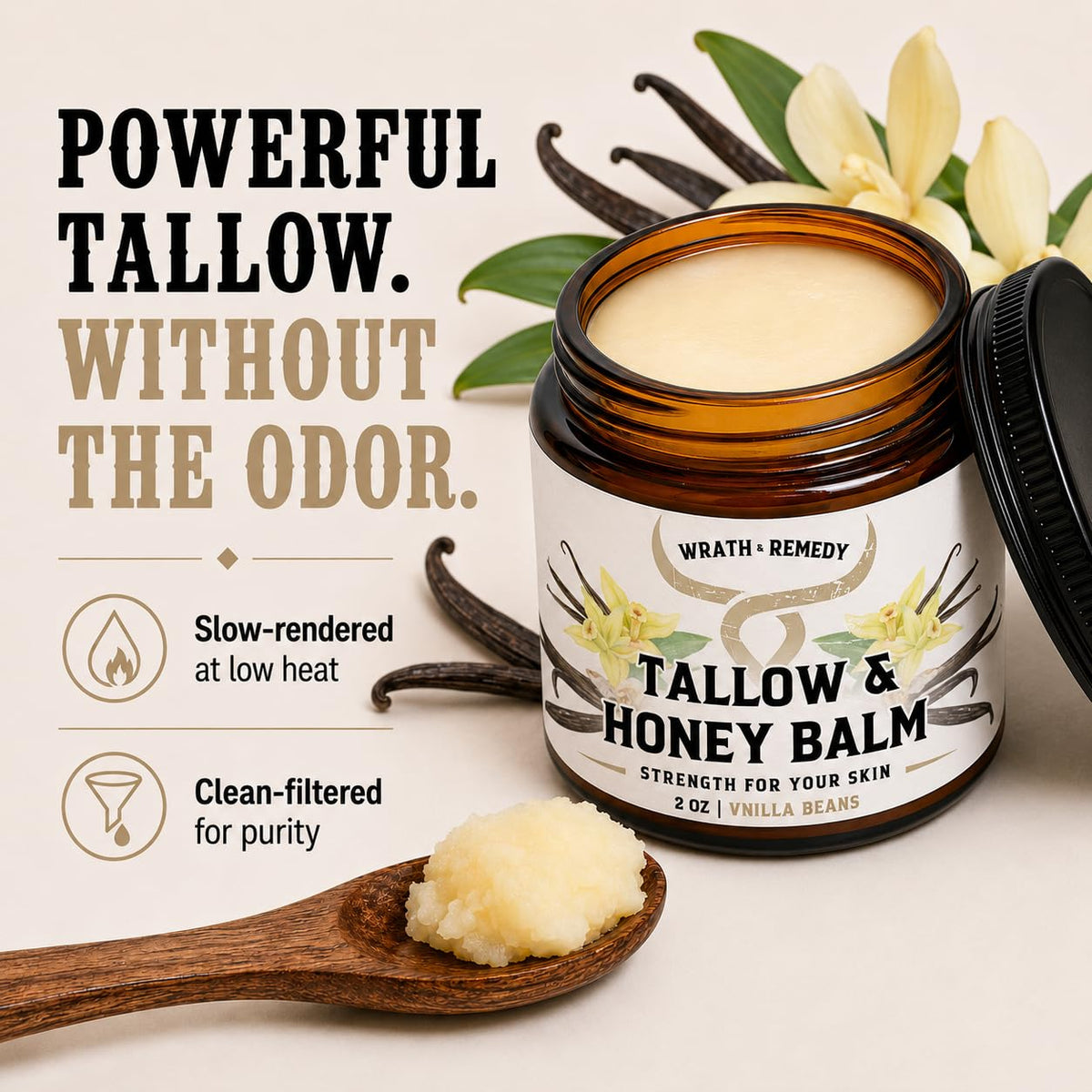 Wrath & Remedy Beef Tallow and Honey Balm, Handcrafted, Unscented, 4 oz