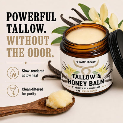 Wrath & Remedy Beef Tallow and Honey Balm, Handcrafted, Unscented, 4 oz