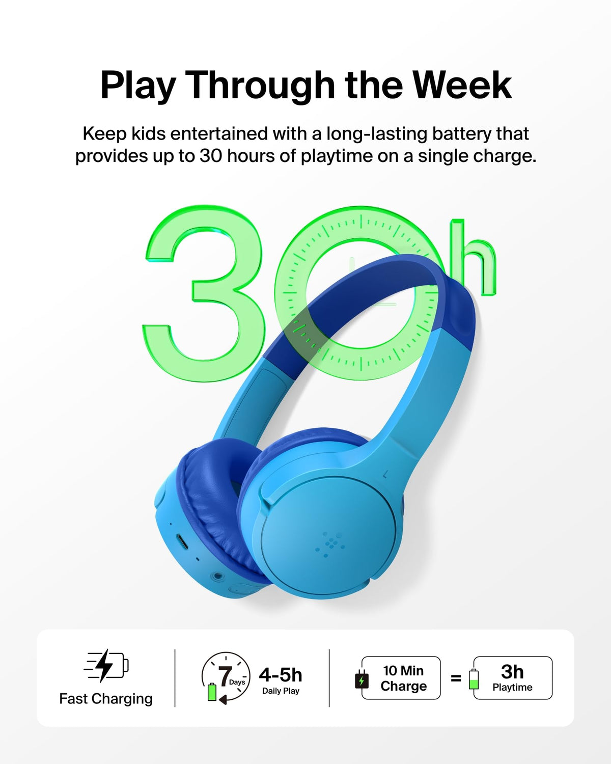 Belkin SoundForm Mini Kids Headphones, Wireless&Wired, 30H Playime, School