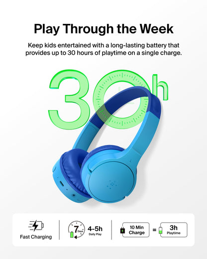 Belkin SoundForm Mini Kids Headphones, Wireless&Wired, 30H Playime, School