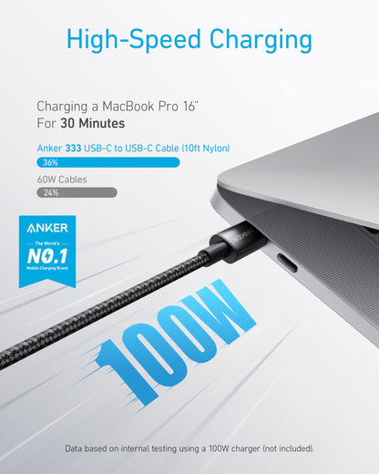 Anker USB C to USB C Cable, 100W Fast Charging Cable(1-Pack, 10 ft, Black)