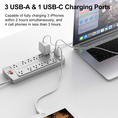 ALESTOR 10 Ft Surge Protector Power Strip with 12 Outlets and 4 USB Ports