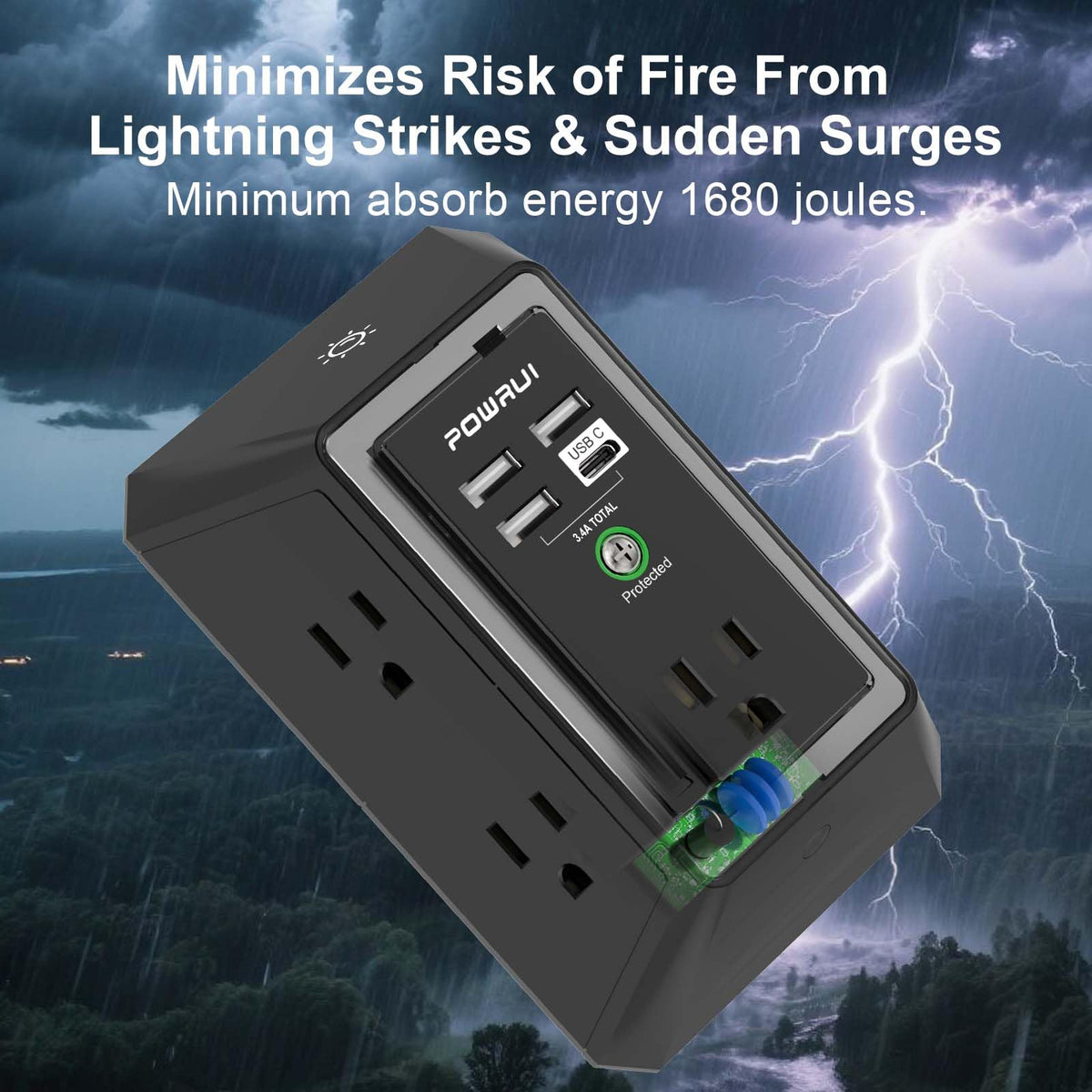 Multi Plug Wall Outlet Night Light, POWRUI 6 Outlet Extender & 3 USB Ports