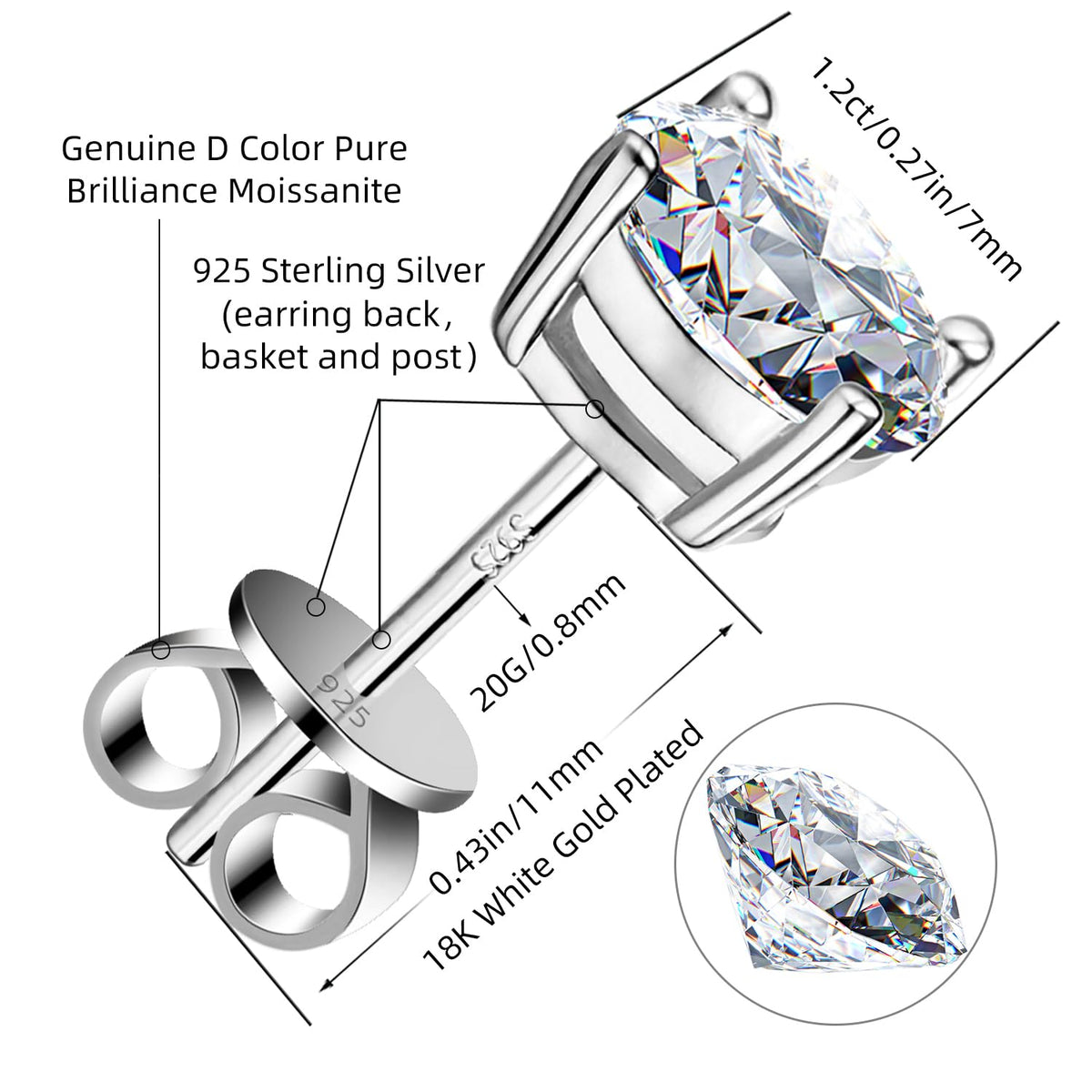 Moissanite Stud Earrings GRA 925 Sterling Silver Earrings for Men