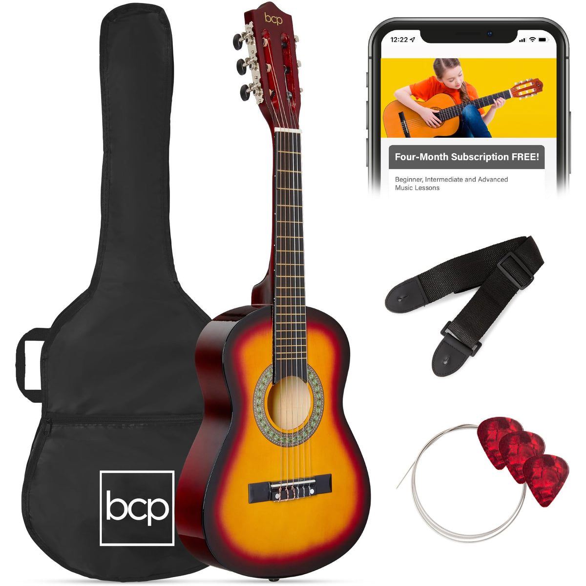 Best Choice Products 30in Kids Acoustic Guitar, All-in-One Beginner Starter Kit w/Strap, Case, Extra Strings, Rosette Inlay - Pink
