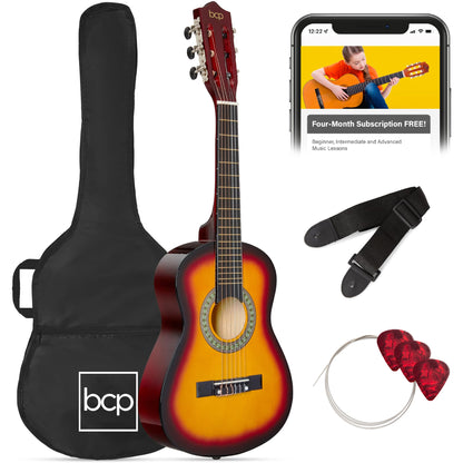 Best Choice Products 30in Kids Acoustic Guitar, All-in-One Beginner Starter Kit w/Strap, Case, Extra Strings, Rosette Inlay - Pink