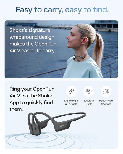 SHOKZ OpenRun Air 2 Bone Conduction Open-Ear Bluetooth Headphones，Black