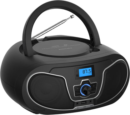 Philips CD Player Boombox, Dynamic Bass Boost with Bluetooth, FM Radio, USB Playback & AUX Input, Portable Top-Loading Boombox, Clear Stereo, RW/MP3 Compatible (Black)