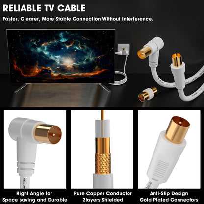 TV Aerial Cable 0.5m, 75 Ohm Coaxial Lead, IEC 9.5mm Male to Male 3C2V Pure Copper Dual Shielded, Right-Angle Connector, Female to Female Adaptor Included, Black