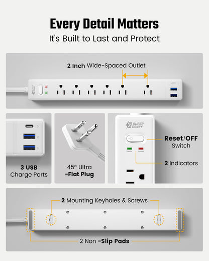 SUPERDANNY 6Ft Thin Extension Cord, Flat Plug Surge Protector Power Strip
